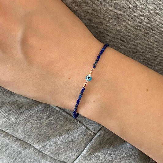 Lapis Lazuli Gemstone Bracelet with Mini Evil Eye Charm