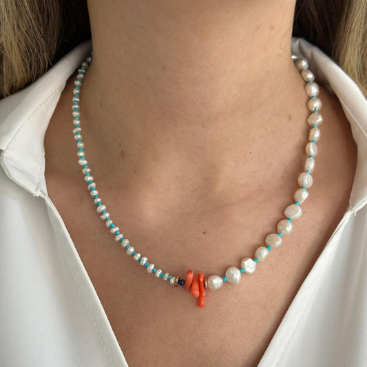 Maya Pearl and Coral Gemstone Necklace