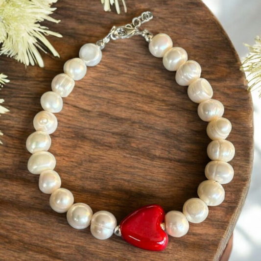 Freshwater Pearl Bracelet with Red Glass Heart