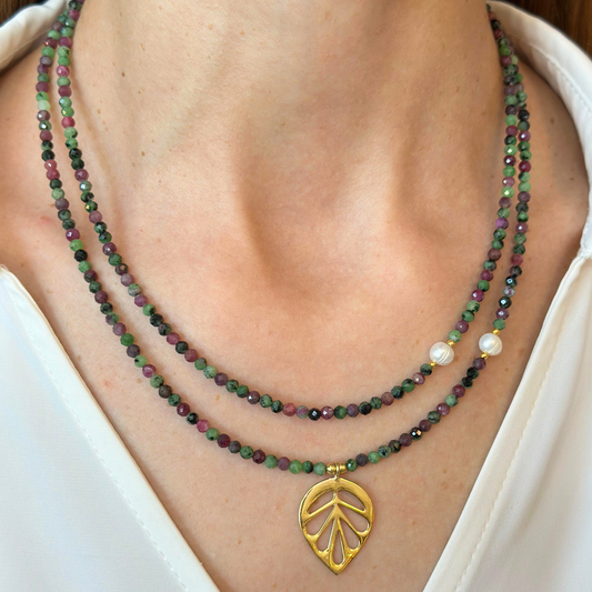 Ruby Zoisite Gemstone Necklace with Silver Leaf Pendant
