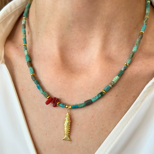 Turquoise Necklace with Fish Pendant Silver Gold Plated