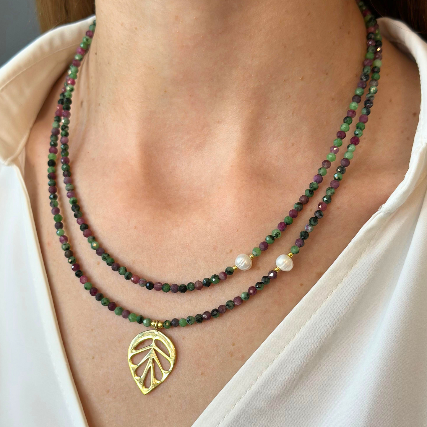 Ruby Zoisite Gemstone Necklace with Silver Leaf Pendant
