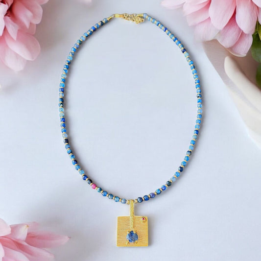 Kyanit Gemstone Necklace with Silver Gold Plated Square