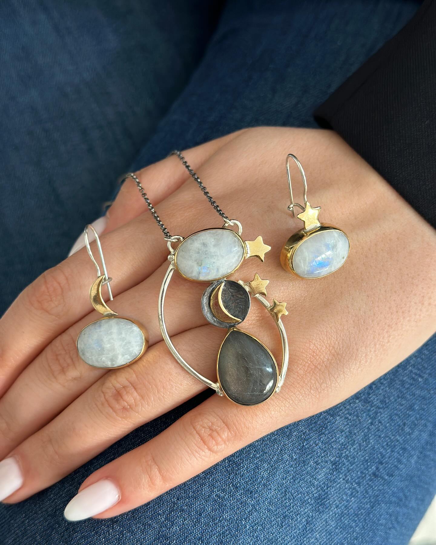 Day and Night Moonstone Silver Necklace and Earrings