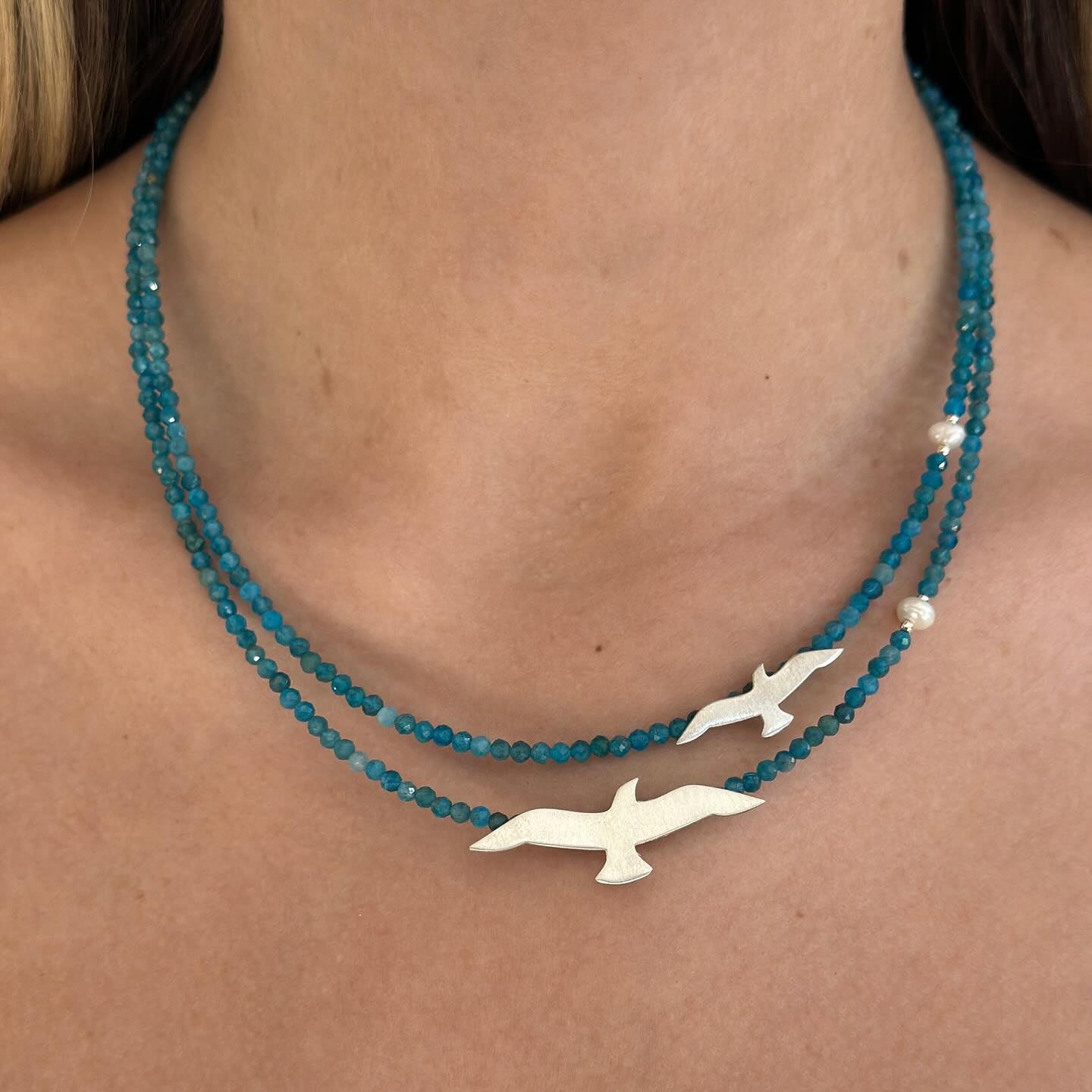 Silver Seagull Earrings and Necklace Set Apatite