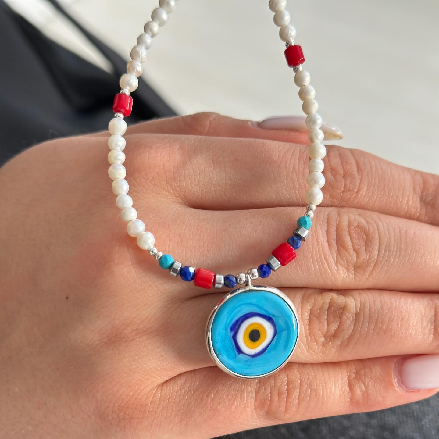 Pearl and Gemstone Necklace with Evil Eye Pendant