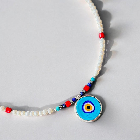 Pearl and Gemstone Necklace with Evil Eye Pendant