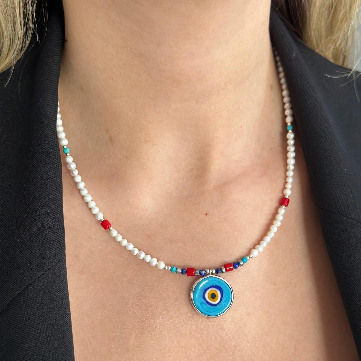 Pearl and Gemstone Necklace with Evil Eye Pendant