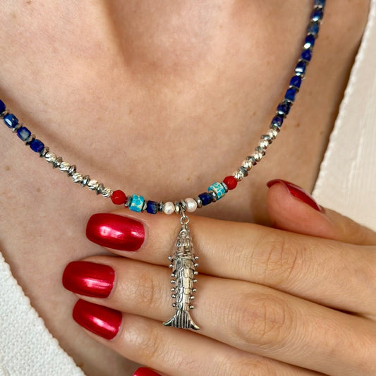 Lapis Lazuli Necklace with Silver Sardine Fish Pendant