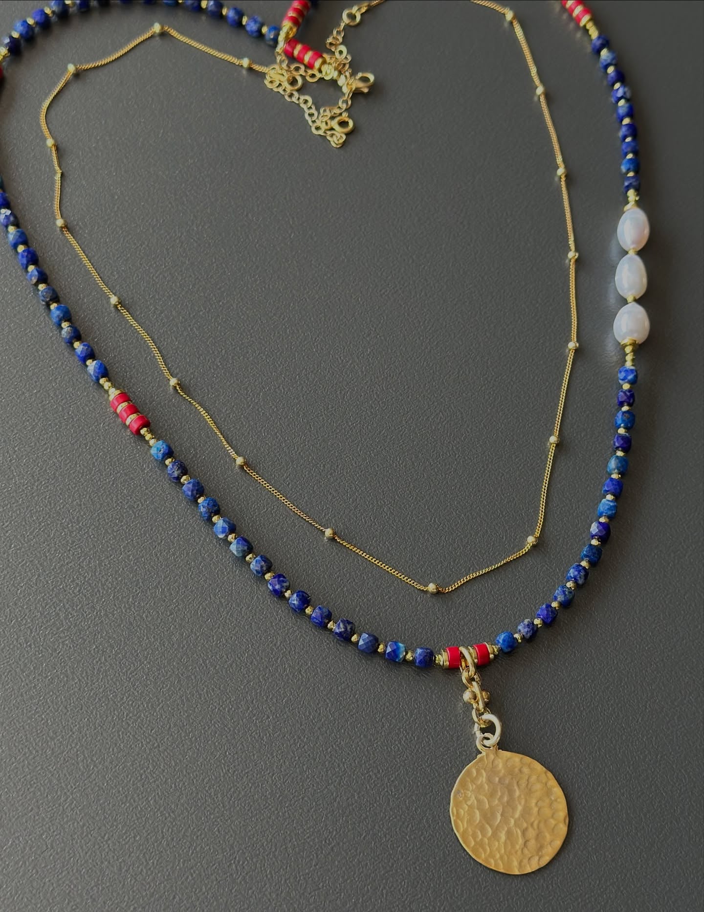 Lapis Lazuli & Pearl Long Necklace with Gold Disc Pendant