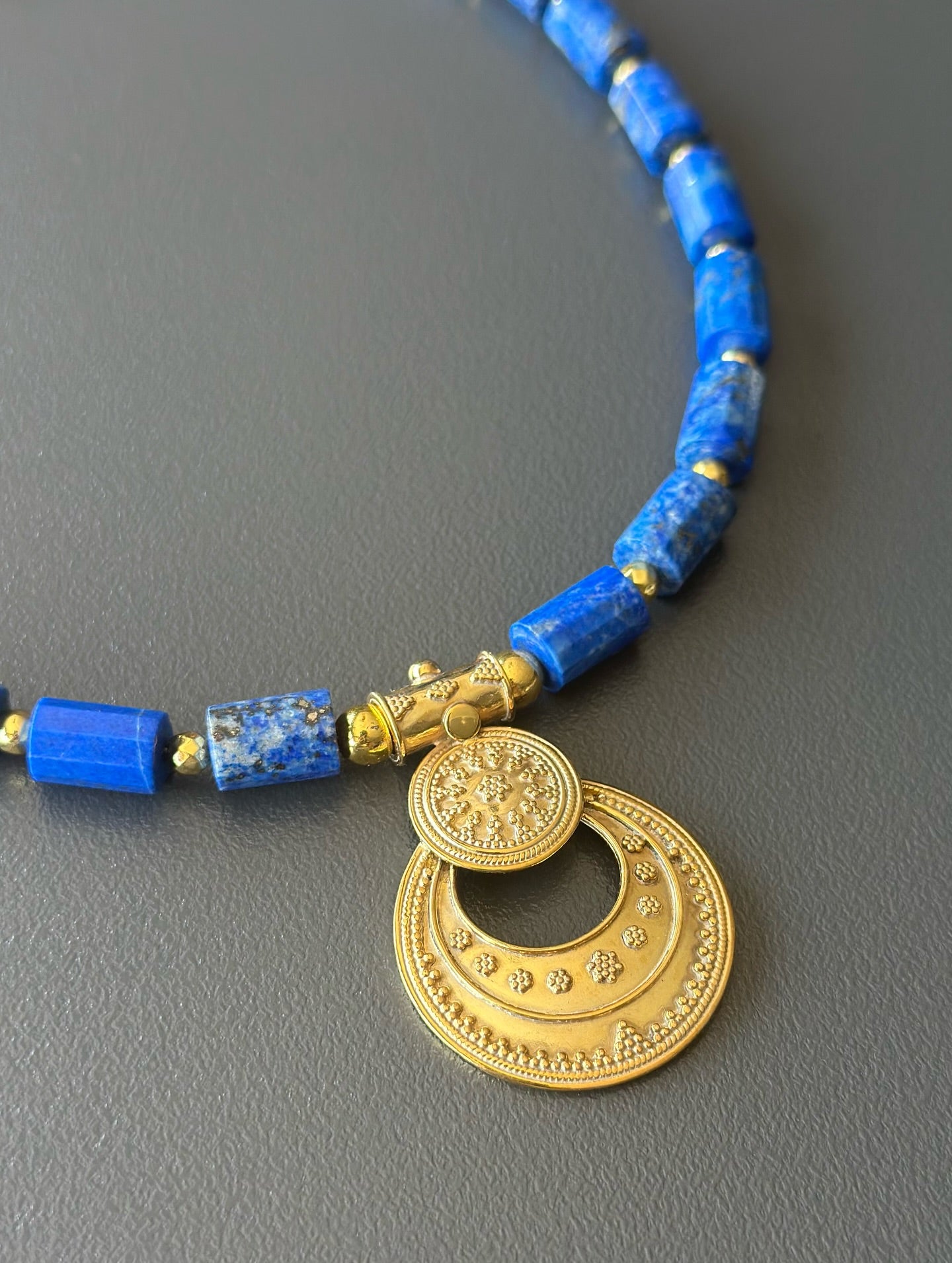 Lapis Lazuli Necklace with Gold Plated Ancient-Inspired Pendant