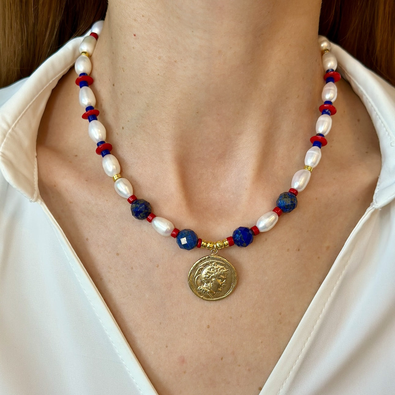 Lapis Lazuli, Coral & Pearl Necklace with Ancient Coin Pendant
