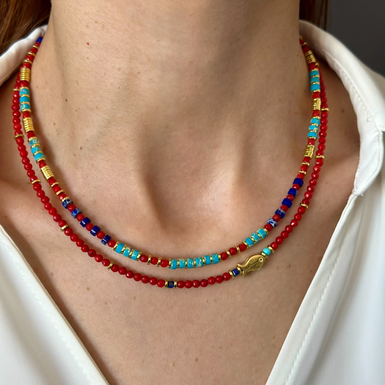 Gemstone Layered Necklace Set with Gold Fish Charm