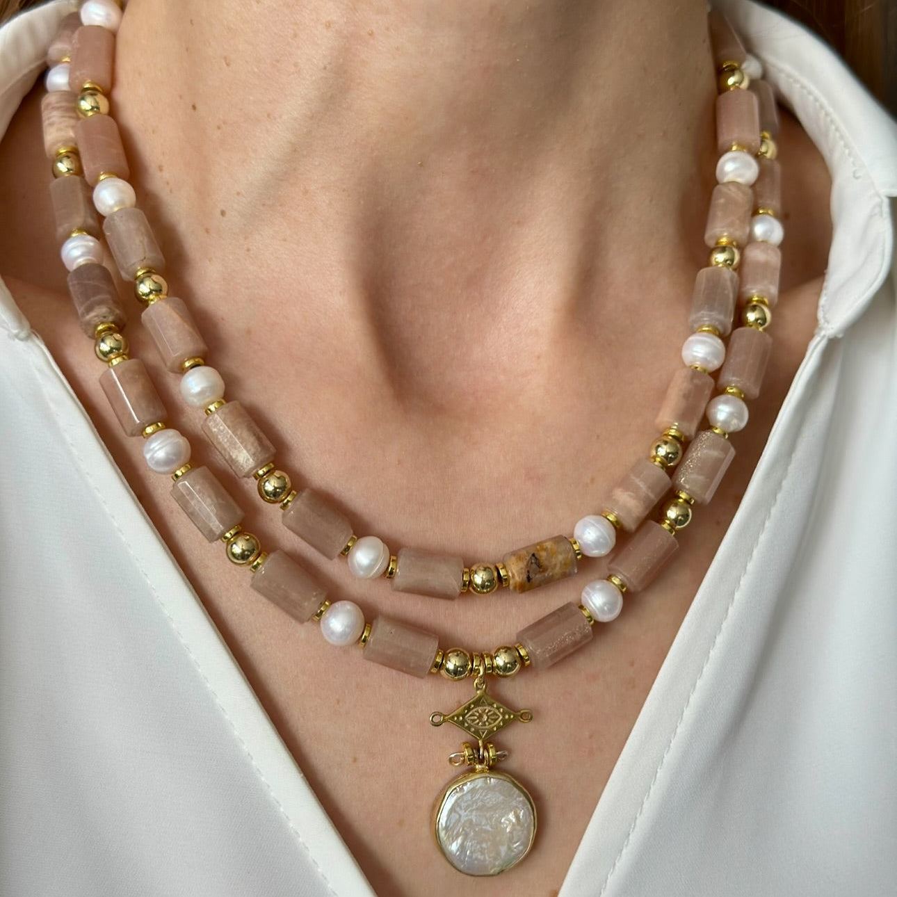 Sunstone & Pearl Layered Necklace Set