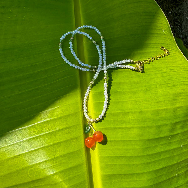 Pearl and Peridot Necklace with Agate Cherry Pendant