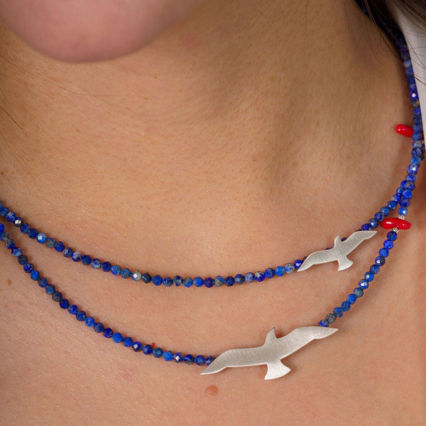 Big and Small Seagull Lapis Lazuli Gemstone and Silver Necklace