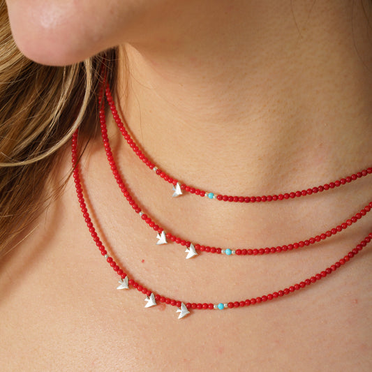 Minimal Coral Gemstone Necklace with Silver Two Bird Pendants