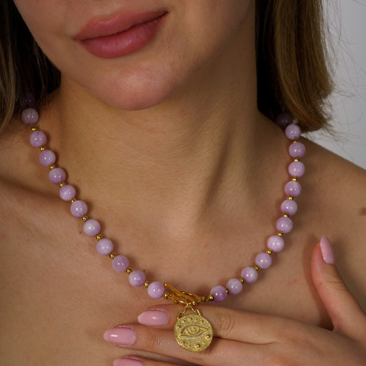 Kunzite Gemstone Necklace with Silver Eye Pendant