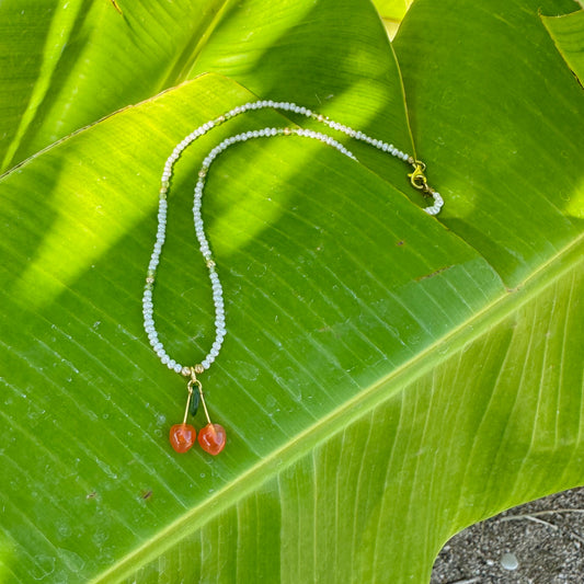 Pearl and Peridot Necklace with Agate Cherry Pendant