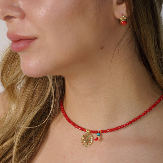 Coral Gemstone Necklace with Tree of Life Pendant Gold Plated Silver