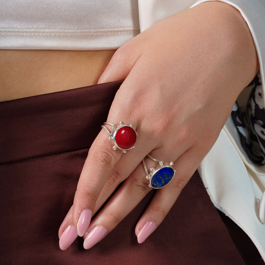 Coral Gemstone 925 Stering Silver Ring Adjustable