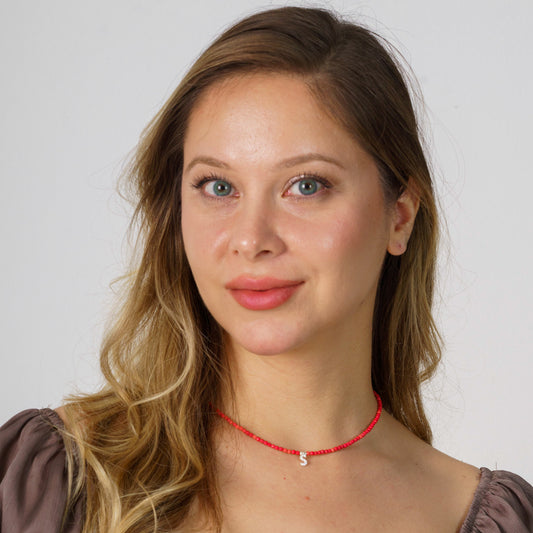 Coral Gemstone Necklace with Zirconia Letter Pendant