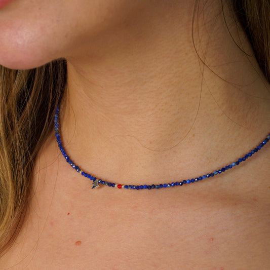 Minimal Lapis Lazuli Gemstone Necklace with Silver Bird Pendant