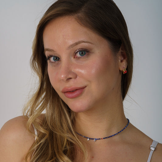 Minimal Lapis Lazuli Gemstone Necklace with Silver Two Bird Pendants