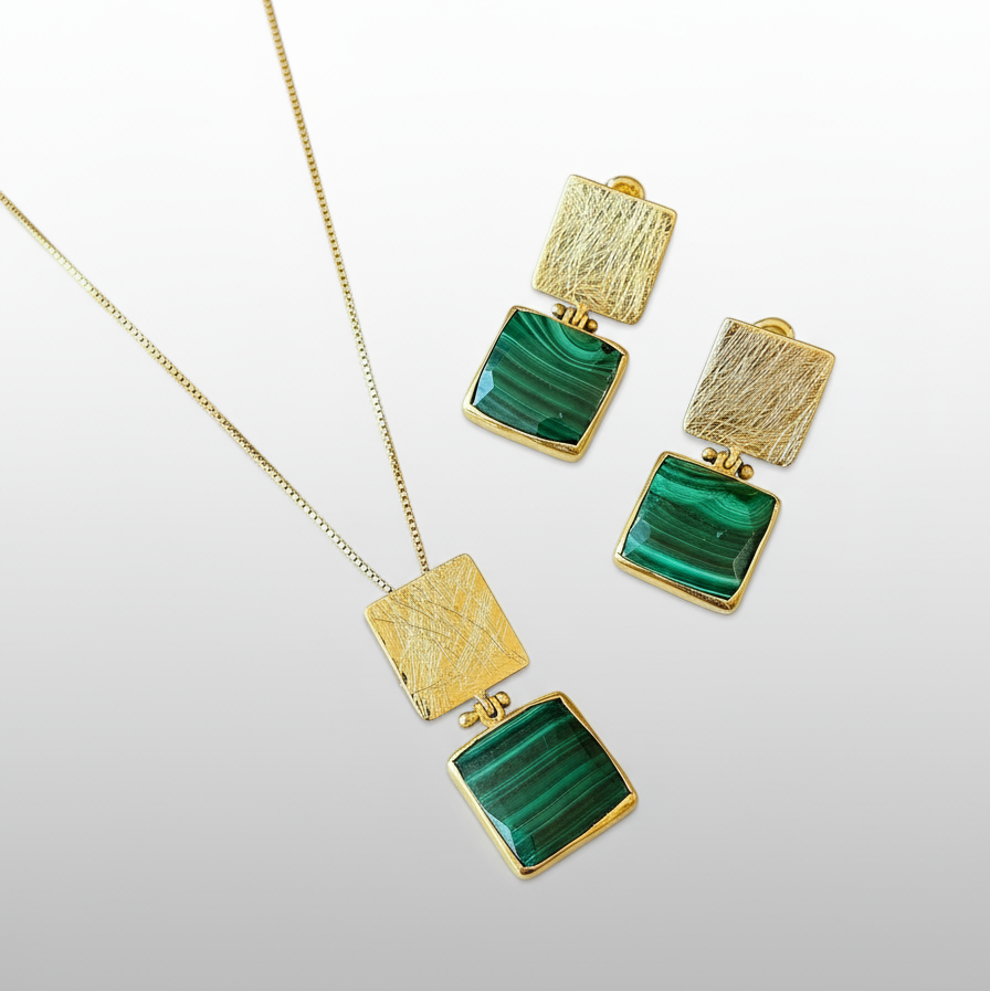 Malachite Square Drop Earrings in Sterling Silver Gold Plated