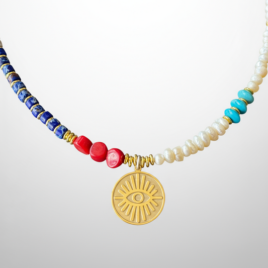 Evil Eye Necklace with Gemstones and Pearls