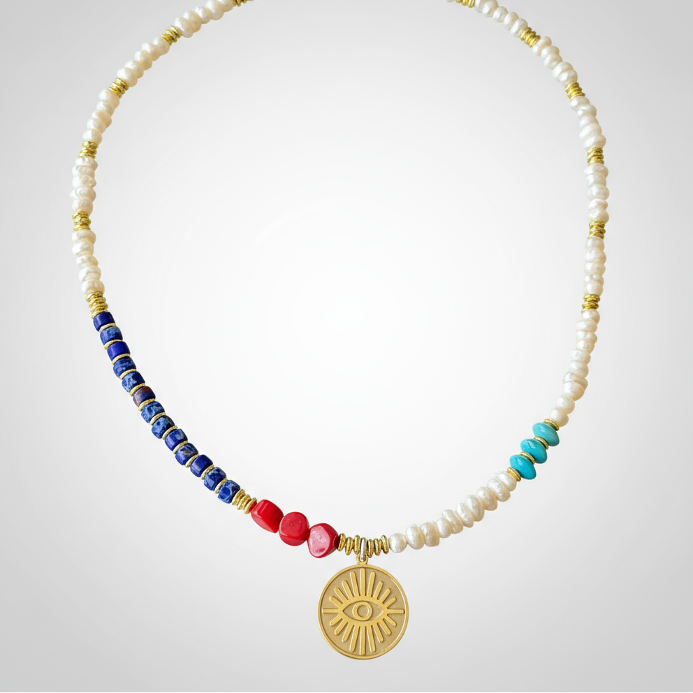 Evil Eye Necklace with Gemstones and Pearls
