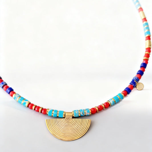 Multicolor Gemstone Necklace with Silver Fan Pendant