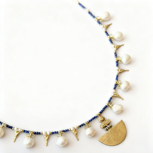 Selena Lapis Lazuli Gemstone and Pearl Necklace Silver Gold Plated