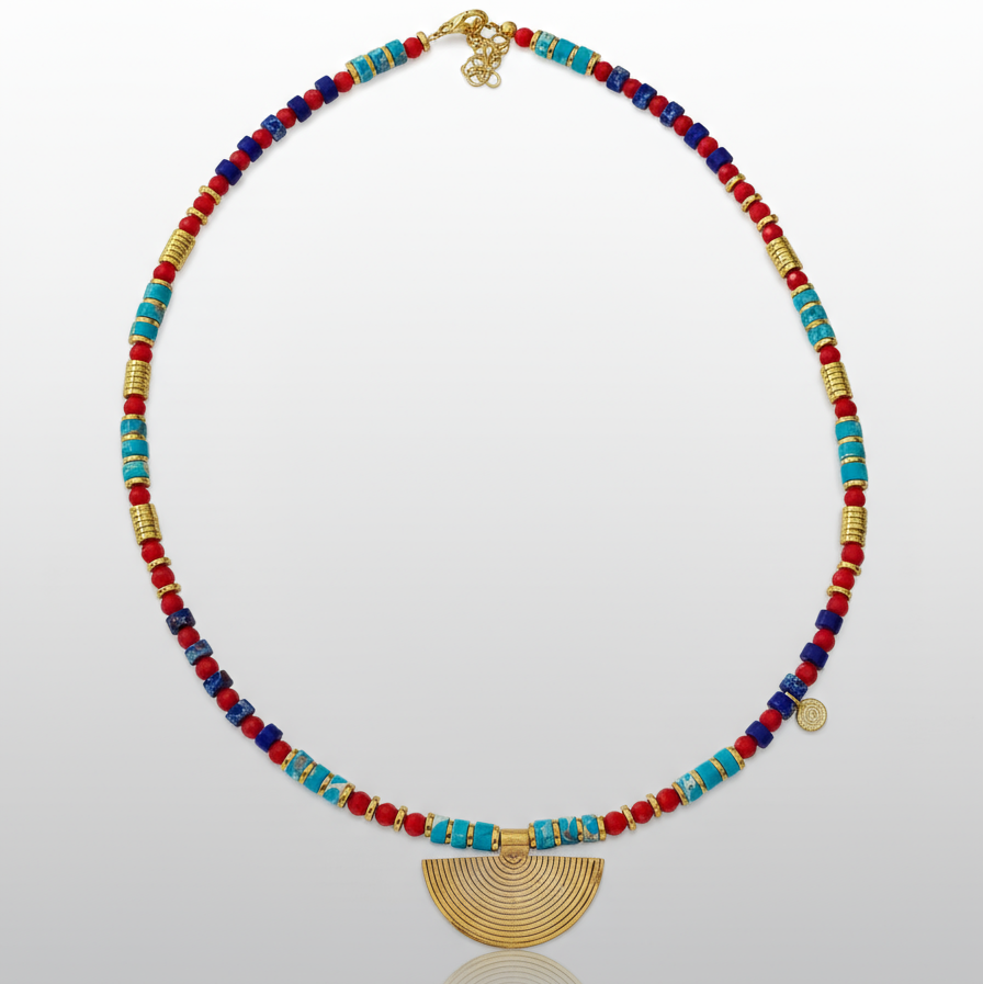 Multicolor Gemstone Necklace with Silver Fan Pendant