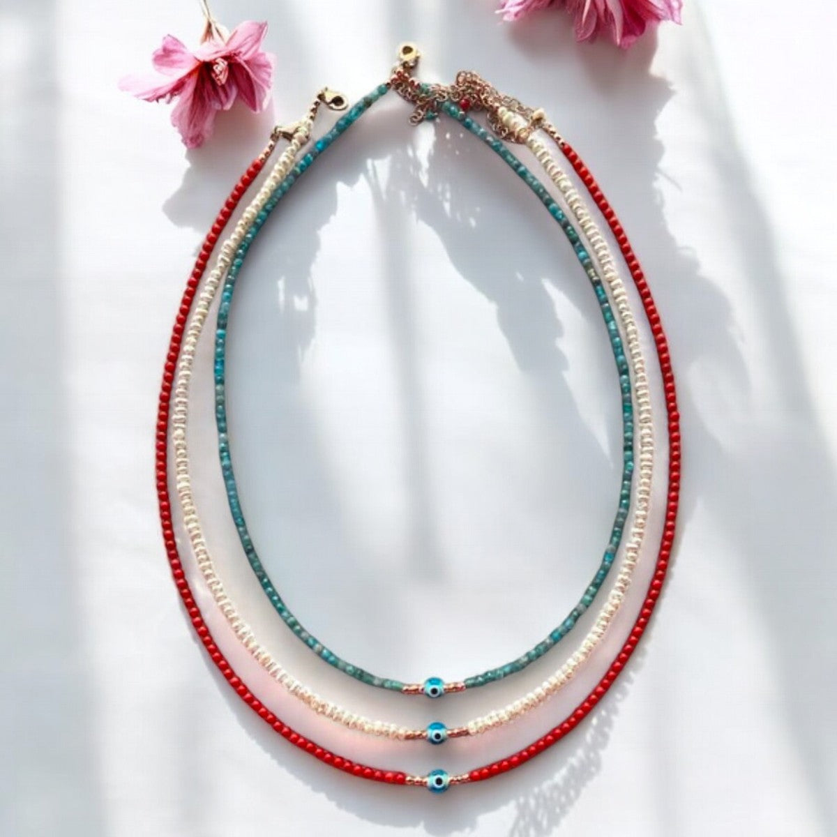 Mini Evil Eye Coral Gemstone Necklace