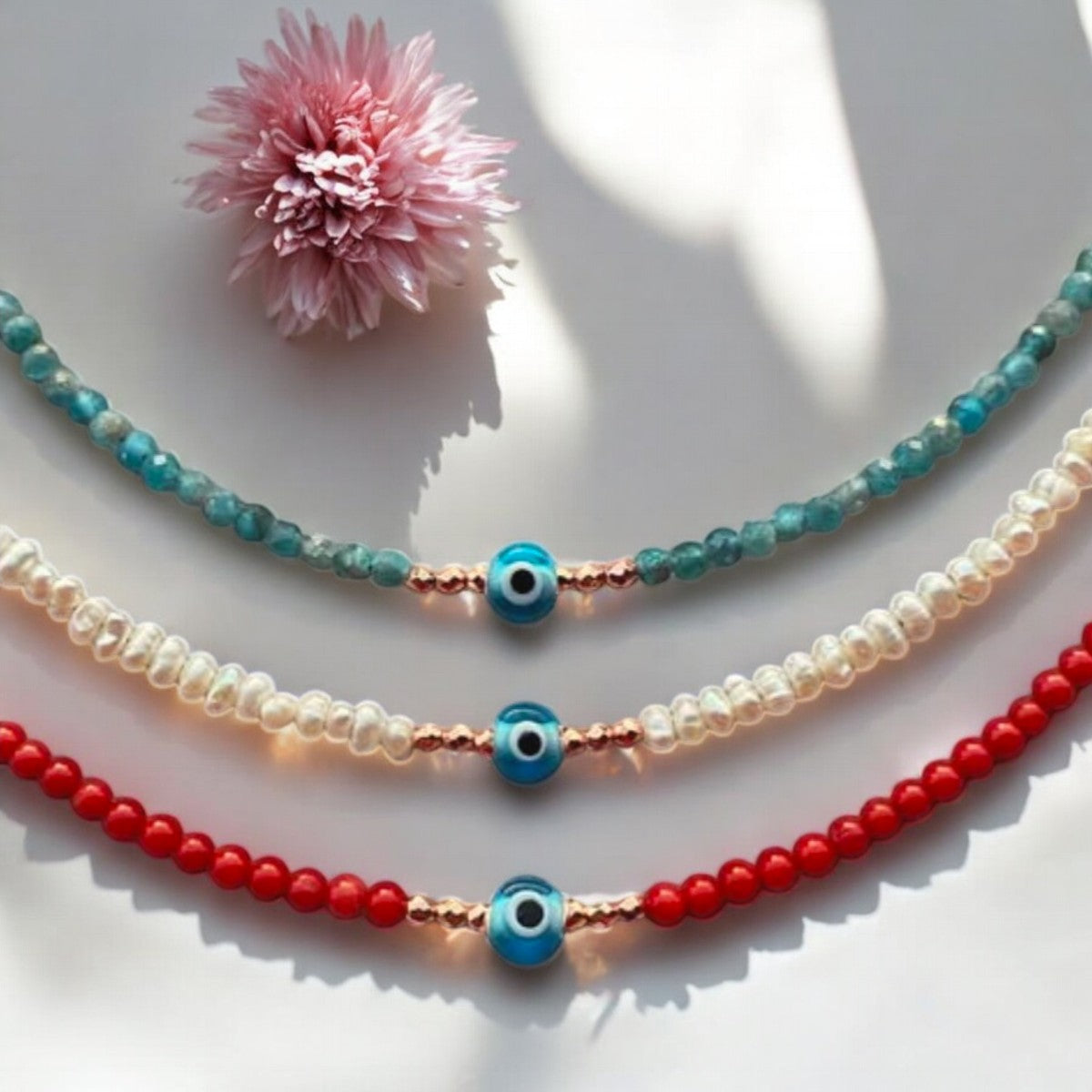 Mini Evil Eye Coral Gemstone Necklace
