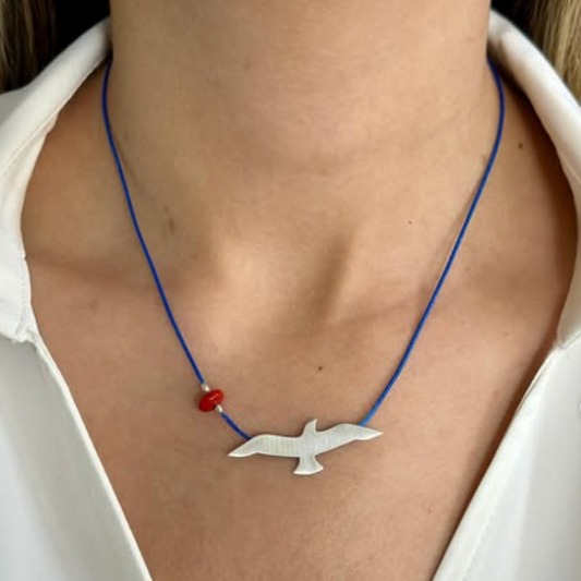 Silver Seagull Blue Cord Necklace