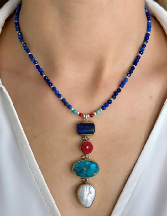 Lapis Lazuli, Coral, Turquoise Gemstone Necklace