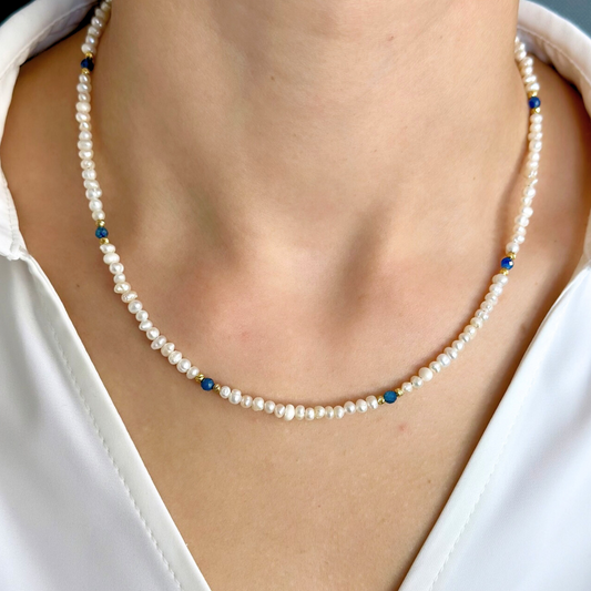 Pearl and Kyanite Gemstone Necklace Set in 925 Silver