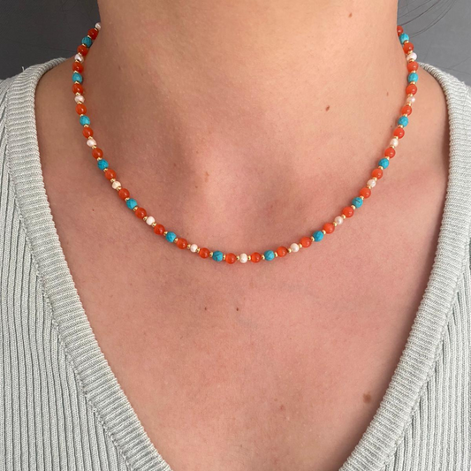 Gemstone and Pearls Silver Necklace Set