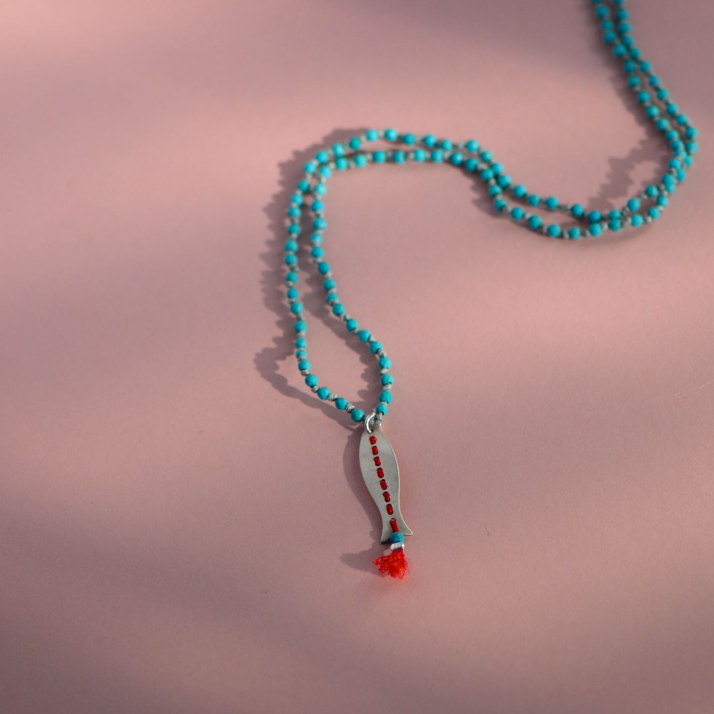 Silver Fish Pendant Long Turquoise Gemstone Knot Necklace