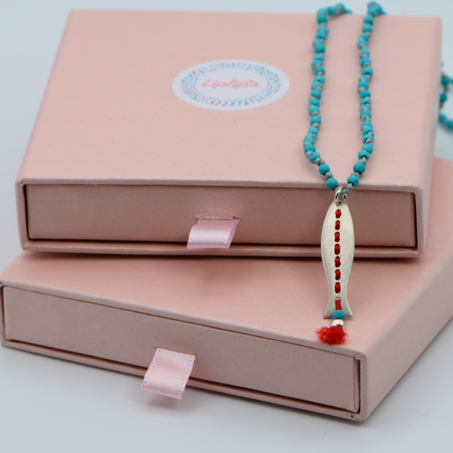 Silver Fish Pendant Long Turquoise Gemstone Knot Necklace