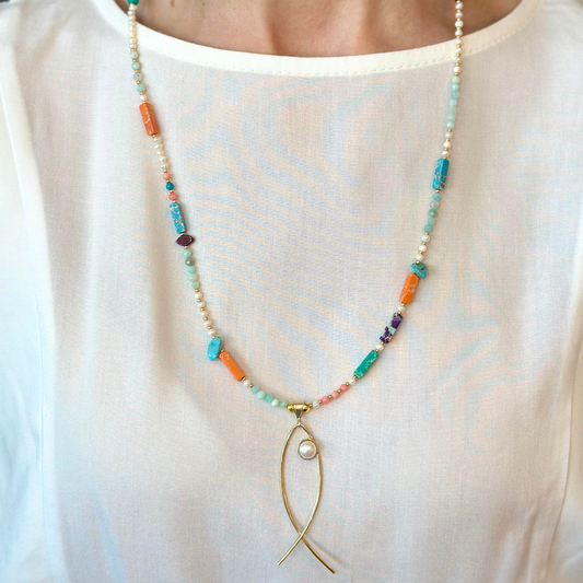 Colourful Gemstones and Pearls Fish Necklace