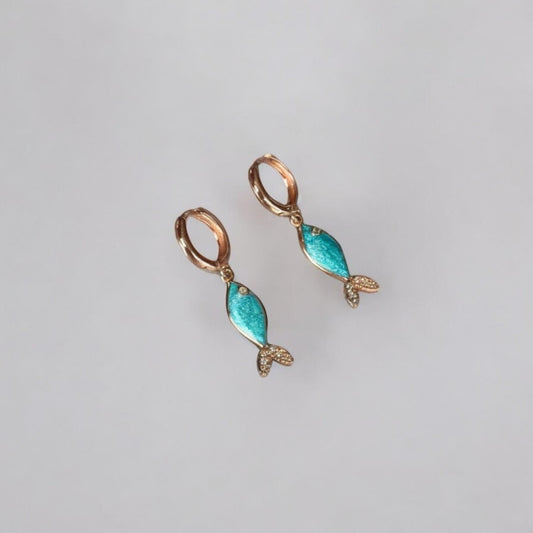 Azure Fish Earrings in handcrafted 925 silver with rose gold plating, showcasing blue enamel and fine detailing.