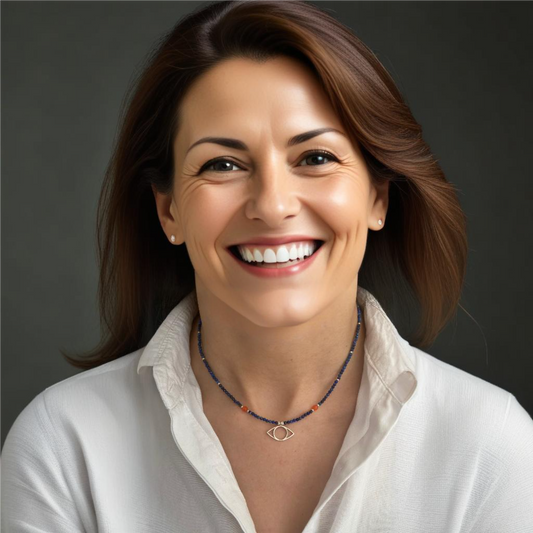 Eye sterling silver and lapis necklace worn by woman, elegant jewellery with blue gemstone, stylish accessory