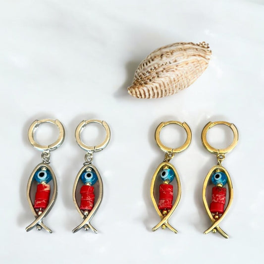 Bonito Red Fish Earrings with Variscite and Evil Eye Glass Bead