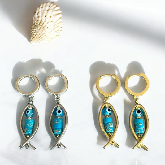 Bonito Blue Earrings with Variscite Gemstone & Glass Evil Eye