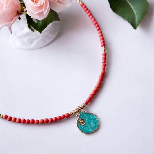 Coral Gemstone Necklace with Pomegranate Pendant