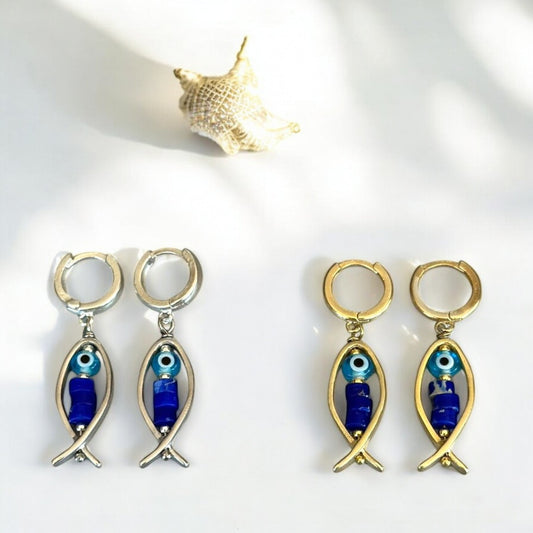 Bonito Navy Fish Earrings with Variscite Gemstone and Evil Eye Glass Bead