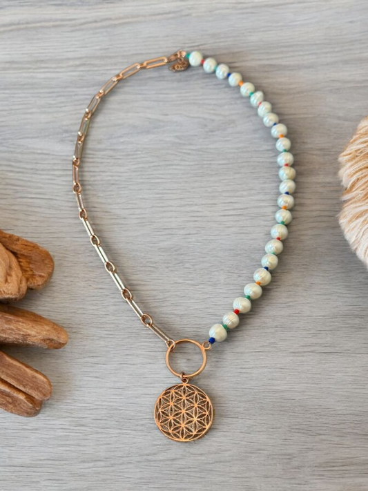 Handcrafted Life of Flower Necklace with Pearl in 925 Sterling Silver and Rose Gold Plating